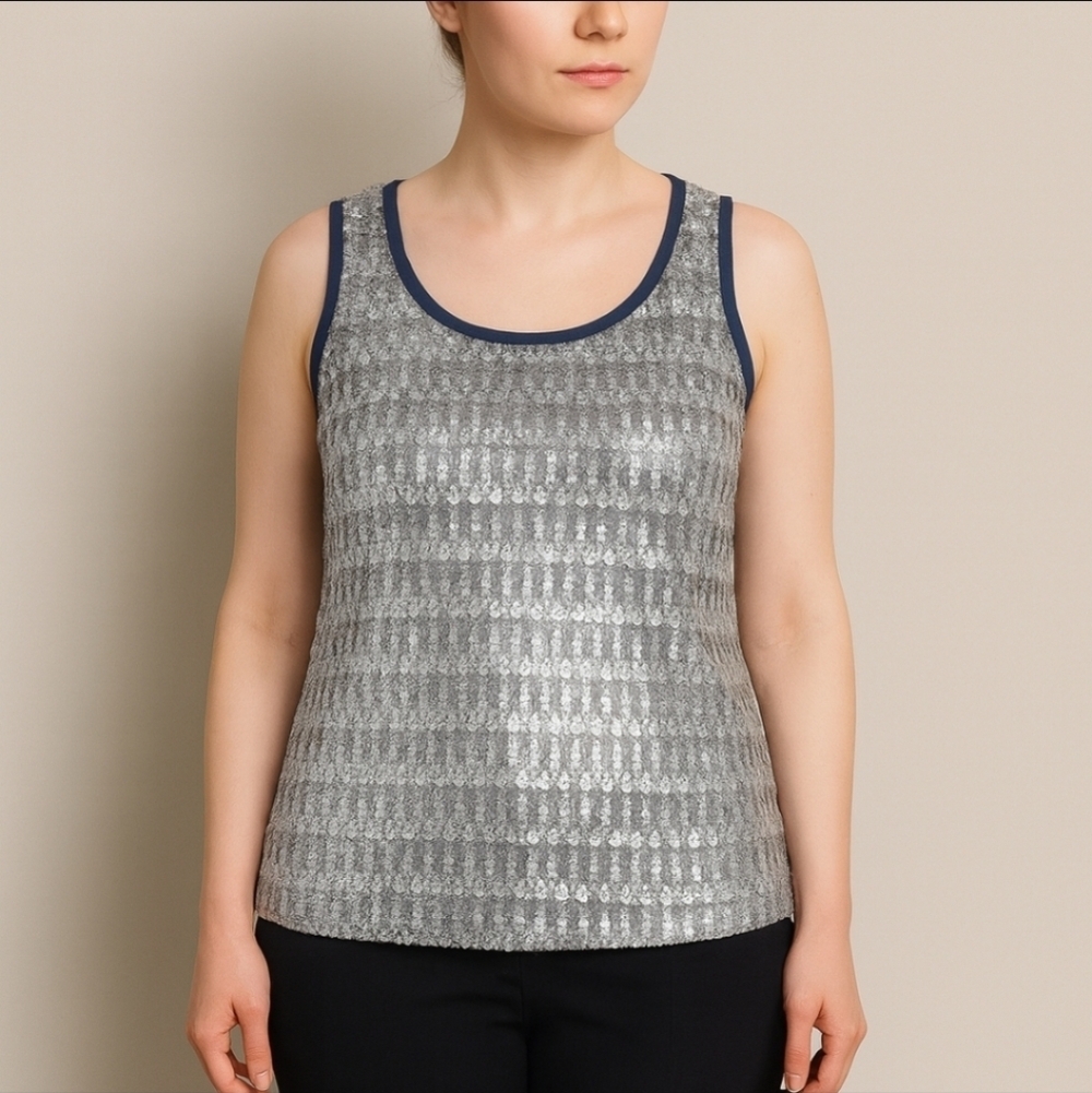 Coldwater Creek XL Navy Blue Sequin Tank Top Blouse Sleeveless Party Evening